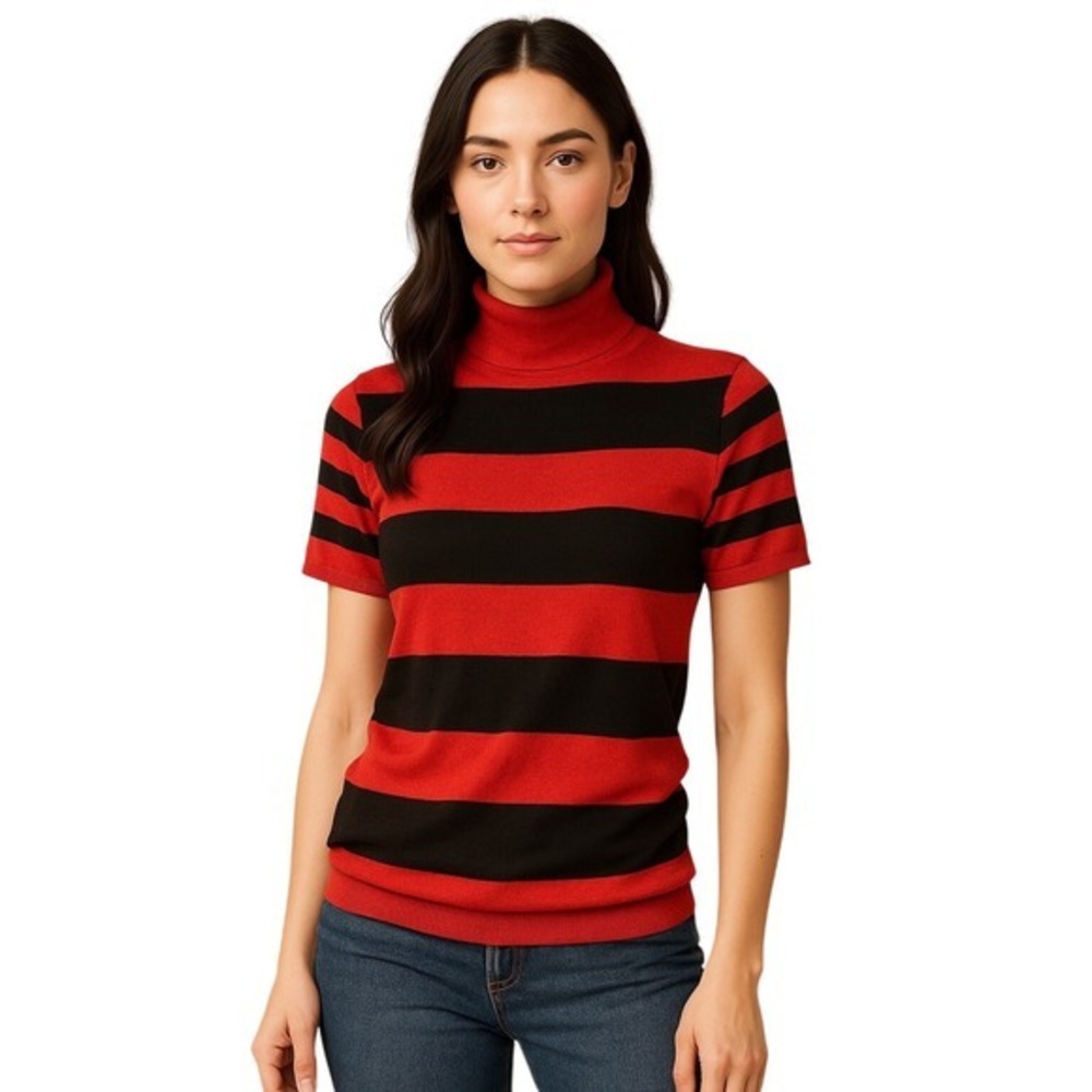 Chelsea & Theodore Red Black Striped Short Sleeve Turtleneck‎ Sweater M 73-64